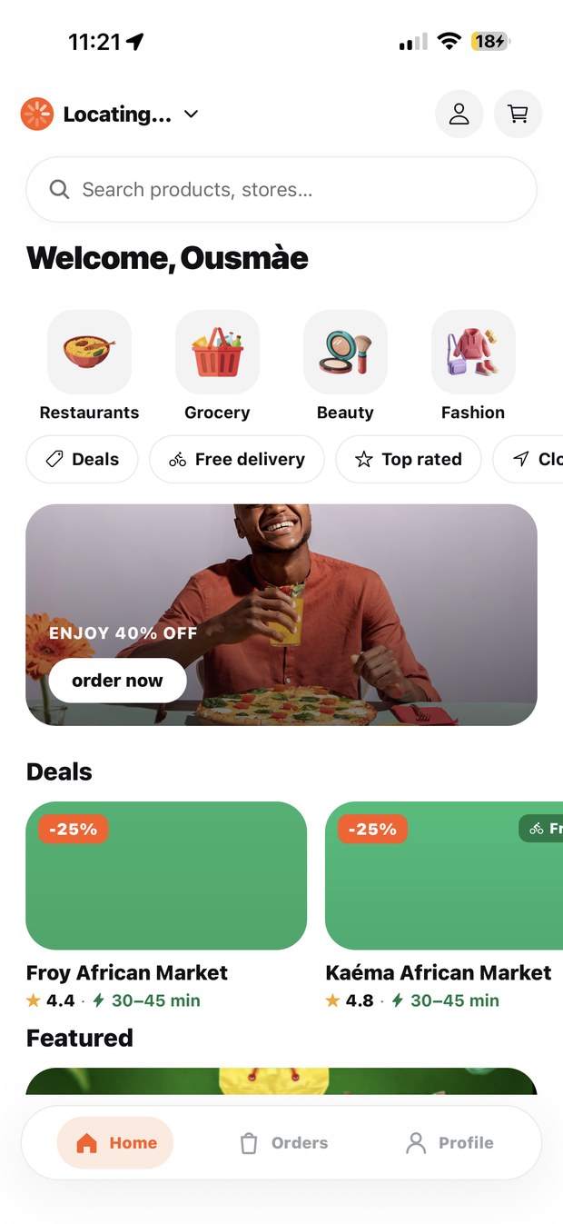 AJIL home screen with categories and local stores